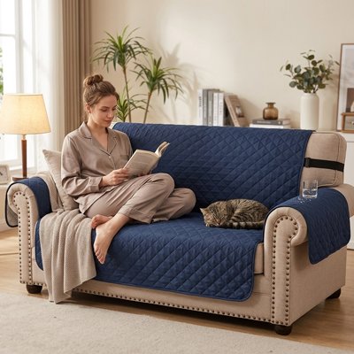 Une femme avec chat tigré sont installés sur un canapé beige protégé par un protege canape chat bleu marine