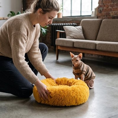 Une femme montre à son chat son nouveau coussin chat de couleur orange