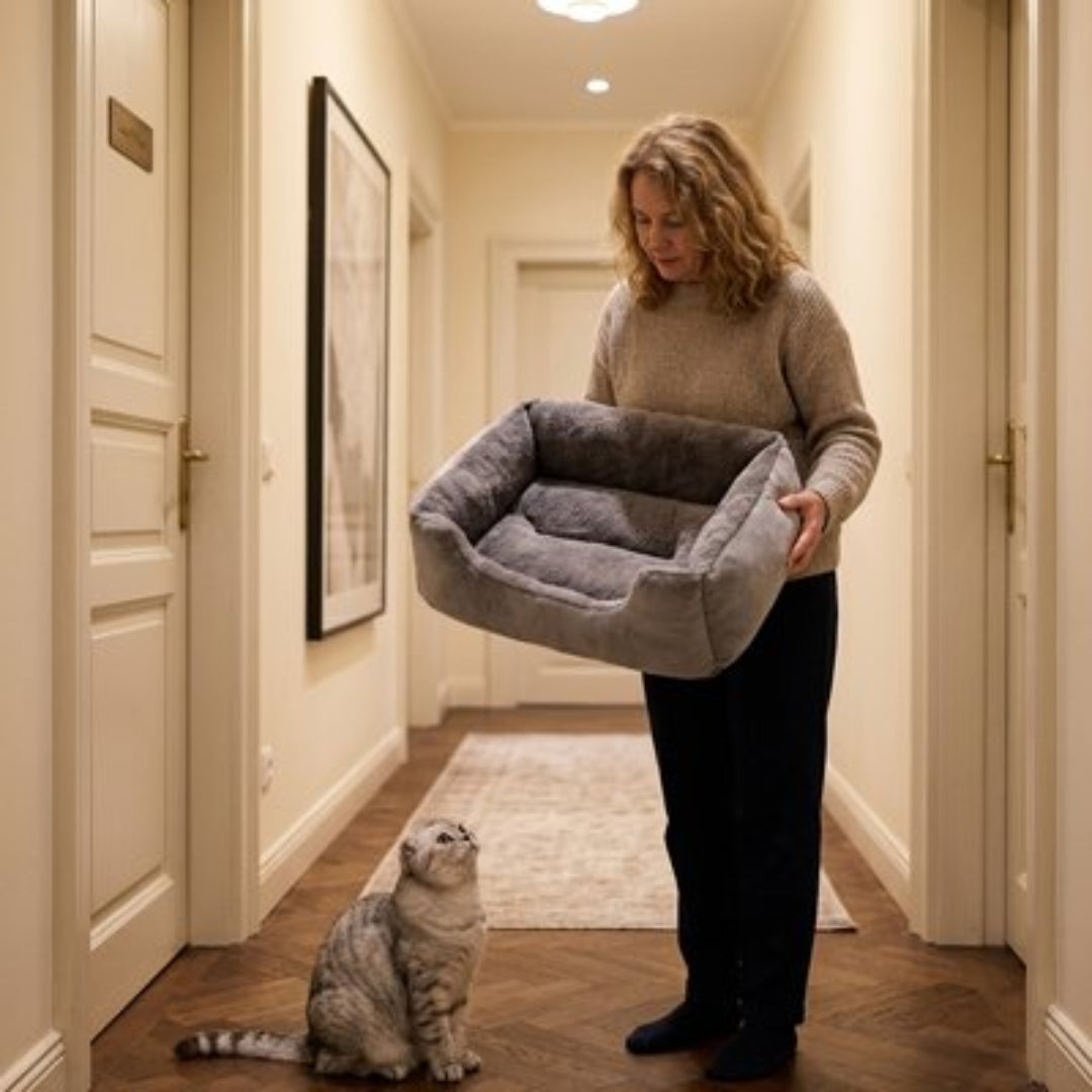 Une femme montre le panier pour chat à son chat