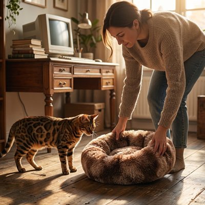 Une femme montre un coussin pour Chat  a son chat tigré