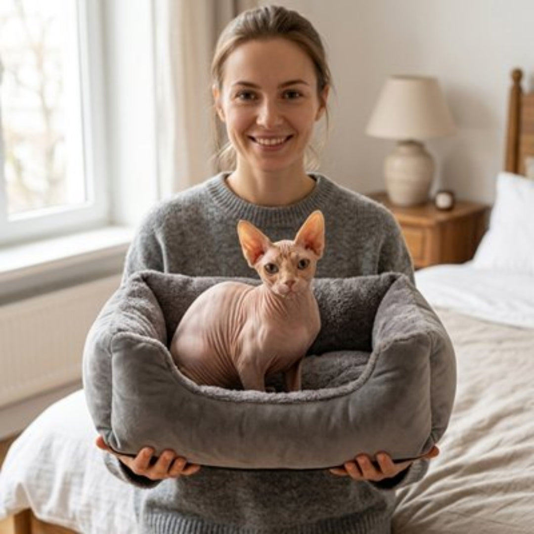 Une femme porte un panier pour chat 