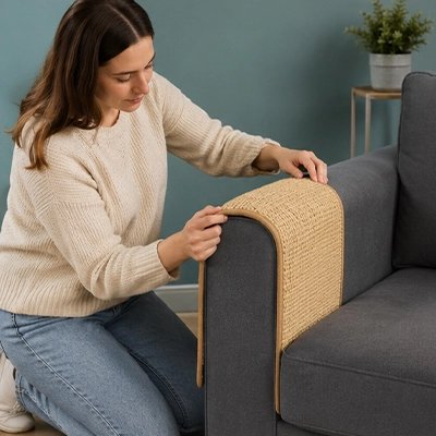 Une femme pose une housse canapé anti griffe chat sur l'accoudoir