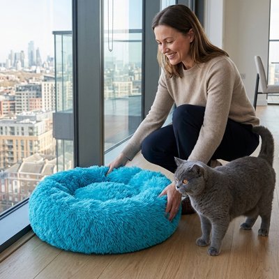 Une femme prépare à son chat son nouveau coussin chat de couleur bleu