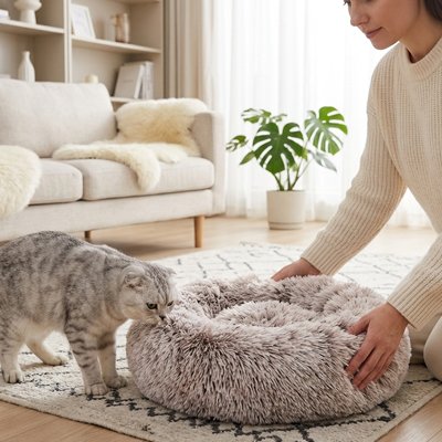 Une femme présentant un coussin pour chat en peluche à son chat gris