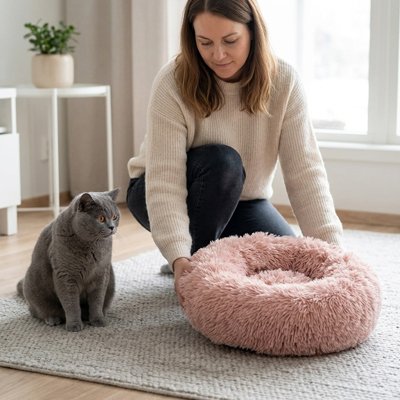 Une femme présentant un nouveau coussin pour son chat de couleur rose à son chat gris 