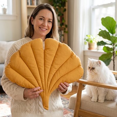 Une femme souriante tient un tapis chat en forme de feuille de ginkgo jaune moutarde