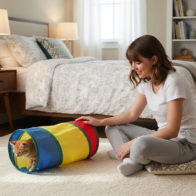 une femme touche un chat tunnel 