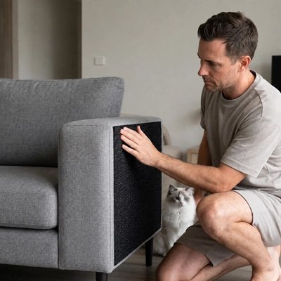 Une homme examine une housse de canapé anti griffe de chat