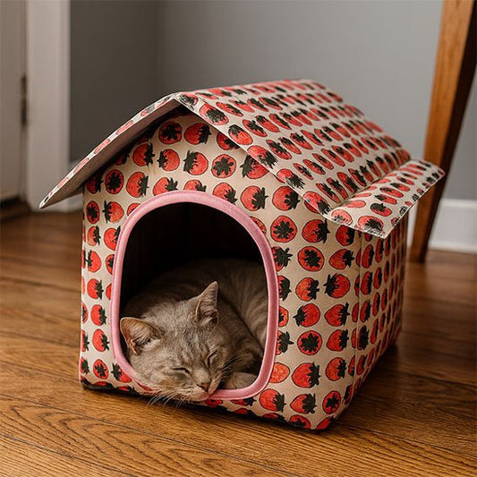 Une niche pour chat extérieur en forme de petite maison avec un toit pointu, décorée d'un motif de fraises rouges sur fond beige