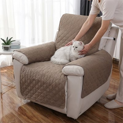 Une personne dépose un chat blanc à poil long sur un fauteuil beige protégé par protection canapé chat 